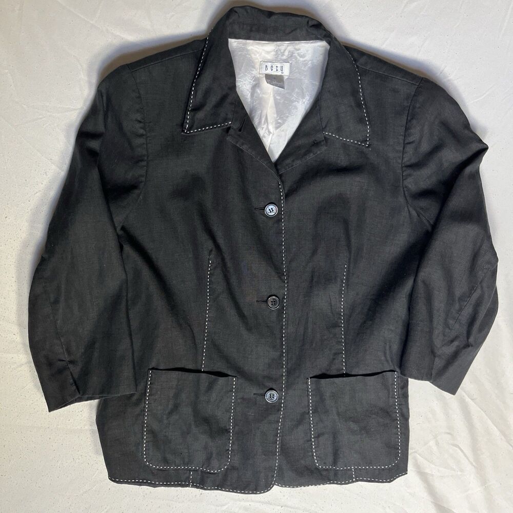 VTG Betu Women's Black Linen Jacket, Size 6, Button Up, 3/4 Sleeve, Stitched